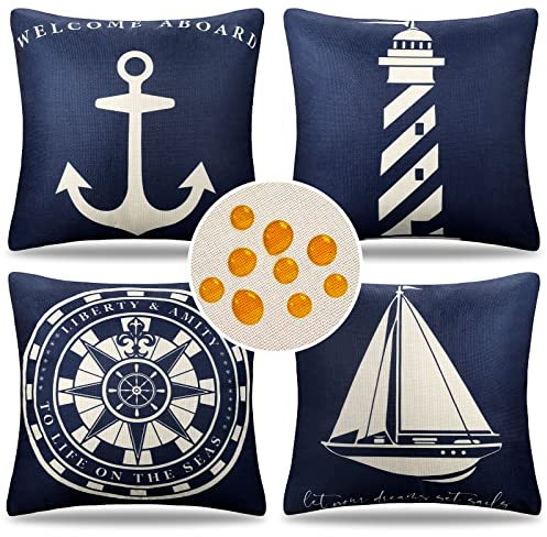 Wasserdicht Kissenbezug Gartenmöbel Kissen Bezug 40 x 40 cm Nautisch Maritim Anker Leuchtturm Kompass Segelboot Strand Dekokissen Kissenbezüge für Sofakissen Couchkissen Outdoor Möbel 4 Stück