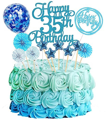 Jxuzh Tortendeko 35. Geburtstag Blau für Frau und Männer - Happy Birthday Glitter Cake Topper, Kuchendeko, 35 Jahre Kuchen Deko
