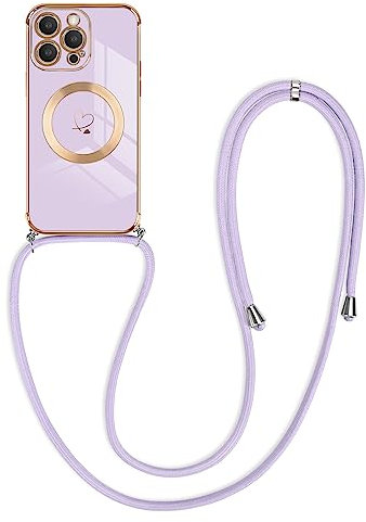 Newseego Crossbody Lanyard Case for iPhone 14 Pro Max [Compatible for MagSafe], Cute Heart Flexible Silicone Protective Phone Case with Adjustable Strap Necklace Bumper Cover iPhone 14 Pro Max-Purple