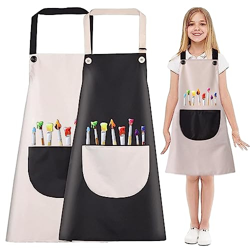 WAIMXDAO 2 Stück Malschürze Kinder, Wasserdicht Malschürze für Jungen Mädchen Verstellbar Kinderschürze Kinder Schürzen Set mit Taschen, für Basteln Malen Backen Kochen (Schwarz + Grau)