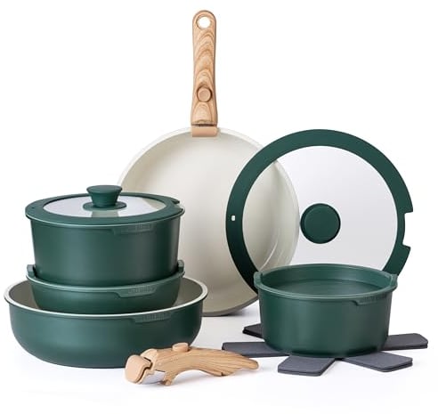 Country Kitchen 16 Piece Pots and Pans Set - Safe Nonstick Kitchen Cookware with Soft Touch Wooden Removable Handle, RV Cookware Set, Oven Safe (Sage), Sage, Original with Fridge Lids