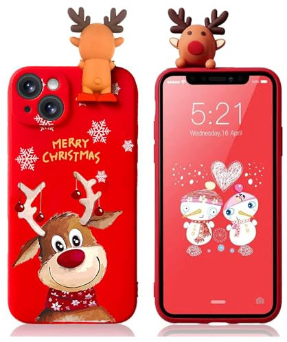Yzniyzce Hülle für iPhone 15, Weihnachten Handyhülle 3D Karikatur Puppe Rot TPU Weihnachtstasche Motiv Design Slim Stoßfest Schutzhülle Christmas Case für Apple iPhone 15 6,1, Hirsch