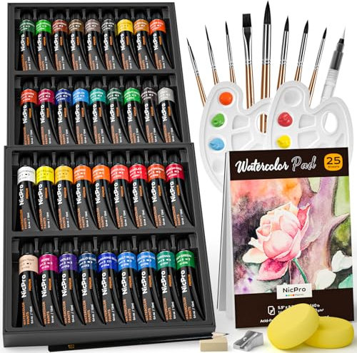Nicpro Watercolour Paint Kit, Professional Painting Supplies Set 36 Tube Water Color Paints, 8 Synthetic Squirrel Brushes, 25 Paper Pad, Palette, Color Wheel for Artists, Beginners, Kids, Adults