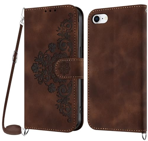 Netany Phone Case for iPhone SE 2020/SE 2022/8/7, PU Leather Wallet Case with Adjustable Crossbody Lanyard Strap, Card Holder Magnetic Flip Folio Case Cover (Brown)