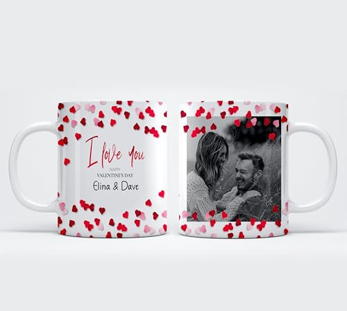 Personalised Mug “I Love you Happy Valentines Day” Customise with your Name and Picture Cute Hearts Lovely Tea/Coffee Mug Valentine Gift for Wife & Husband, Gift for Girlfriend, Boyfriend (11oz Mug)