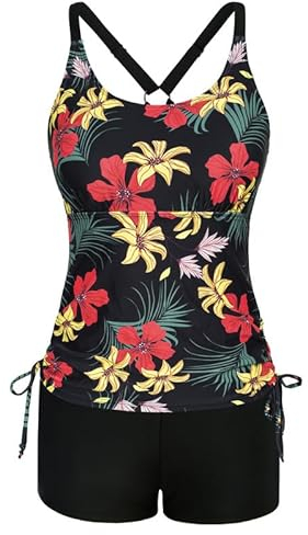 Tankini Sets for Women UK,Tankini Swimsuits Drawstring Bathing Suits Two Piece Floral Print Swimwear with Shorts