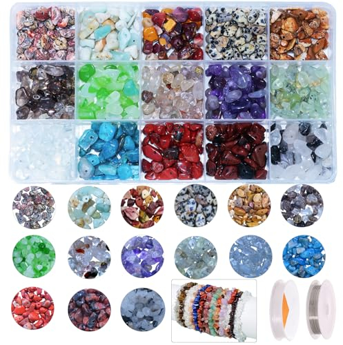 BLAESIFF Edelsteine Perlen Zum Auffädeln, 15 Farben Naturstein Perlen, 5–8 mm Halbedelsteine Perlen Perlenset Beads für DIY Schmuck, Halsketten, Armbänder, Ohrringe Herstellung