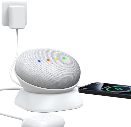 PlusAcc Support pour Google Nest Mini - Support de charge avec port de charge USB-C et USB-A - Peut charger votre smartphone et vos écouteurs - Non compatible avec Google Home Mini (blanc)