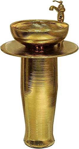 IBOWZ Ceramic Bathroom Sink Pedestal Sink Ceramic Pedestal Washbasin 16X16 Gold Art Pedestal Basin One-Piece Pedestal Combo Sink with Faucet and Drain,Without Mirror