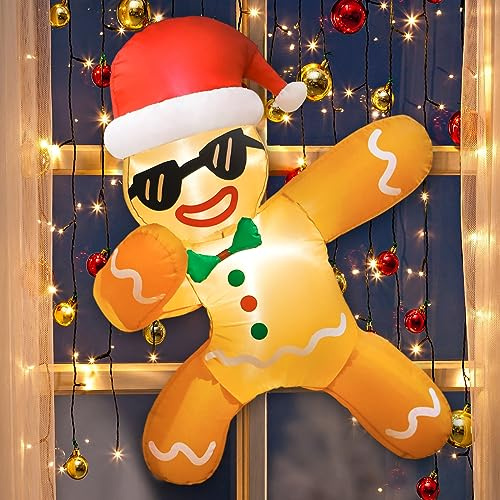 CYAOOI Inflables de 3.5 pies de hombre de jengibre, decoraciones de Navidad al aire libre, divertido pan de jengibre inflable con sombrero de Navidad que se rompió por la ventana, Navidad inflable con
