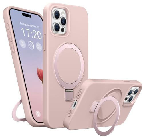 BENTIACC Coque Silicone Liquide pour iPhone 14 Pro, Anneau de Support magnétique, Étui de Protection Antichoc 4 Couches, Doublure en Microfibre Souple antirayures pour iPhone 14 Pro (Rosa)