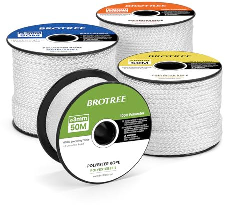 Brotree Polyesterseil 5mm x 50m Weiß - 100% Polyester Seil Schnur Kordel auf Spule - 300KG Bruchlast