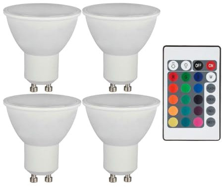 V-TAC RGB LED GU10 Leuchtmittel dimmbar mit Fernbedienung mit Farbwechsel, 4,8 Watt 420 Lumen 3000K warmweiß, DxH 4,5x8,8 cm, 4er Set