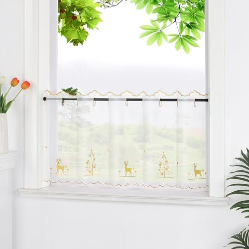HeichkelL Voile Scheibengardine Transparente Gardine Weihnachten Kurzstores mit Stickerei Bistrogardine mit Rentier und Weihnachtsbaum Gold HxB 45x140 cm