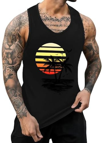 IWOLLENCE Tank Top Herren Baumwolle Printed Muskelshirt Ärmelloses Shirt Sommer Hawaii Hemd Lockeres Tanktop (Schwarz Sun 2 Palm, L)
