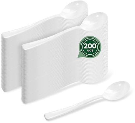 MAXI PRODUCTS - 200 Unidades - Cucharitas Postre Blanco Reutilizable - 12,5 cm - Cubiertos Resistentes - Tenedor Reutilizable - Cubiertos para Fiestas - RESISTENTES
