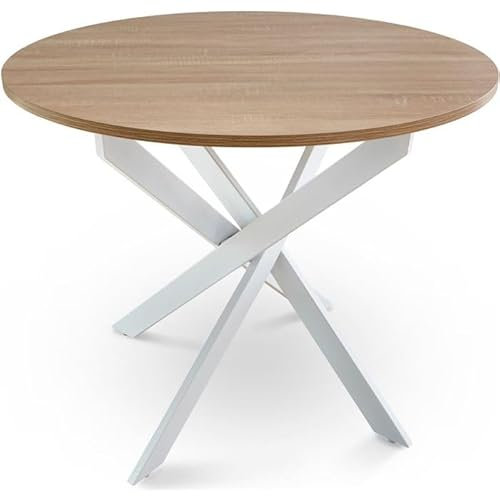 Shiito | Modelo Bolton JC - Mesa de Comedor Redonda | Madera de Roble con Patas Cruzadas Blancas | 90 x 75 cm