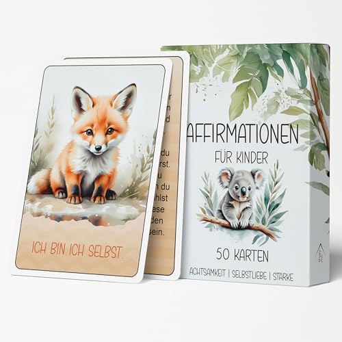HappyArts® 50 Affirmationskarten für Kinder | Pädagogisch Wertvoll | Selbstbewusstsein stärken | 10,5 x 7,4 cm | Gefühle verstehen Achtsamkeit fördern Selbstliebe stärken