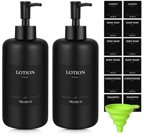 Essovee Schwarz Seifenspender Set, Liquid Dish Seifenspender für Küche mit wasserdichten Etiketten, 10 Fl oz/300ml Premium Harz Handseifenflaschen für Weihnachten Küche Modernes Badezimmer