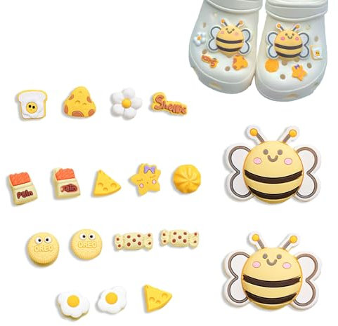 MSLSOZ 18 Stück Schuhcharms für Crocs, Schuh-Anstecker für Mädchen und Jungen, PVC-Sofplastic-Schuh-Accessoires-Set, süße Biene-Crocs Anstecker für Kinder (Gelb)