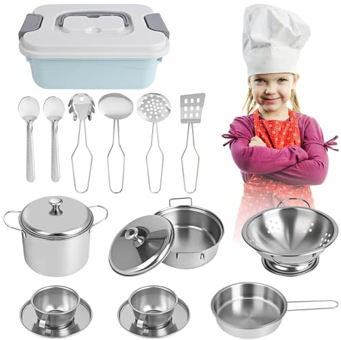 LustLocke 17 Stück Kinderküche Zubehör, Kinderküche Outdoor Zubehör Spielküche Küchenzubehör Kinder Edelstahl Küchenzubehör für Töpfe, Küchenspielzeug für Kinder Ab 3 Jahren