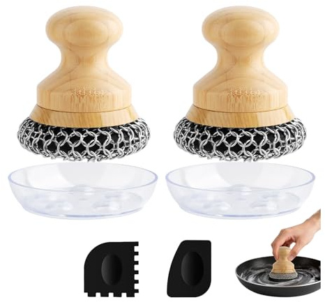 Spazzola per pentole in ghisa, pulitore per pentole con 2 raschietti, spazzola per la pulizia di piatti, pentole, padelle, piastre, griglie (posta a catena grande, 2 pezzi)