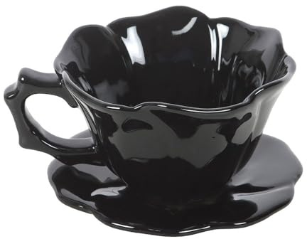 Black Rose Teacup and Saucer | Sculpted Gothic Teacup Set in Blooming Rose Design | Ceramic 250ml Cup and Plate Duo | Dark Aesthetic Homeware | Unique Gift for Tea Lovers