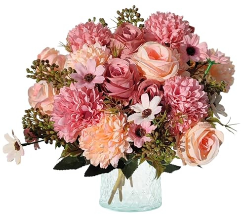 Jusdoja Kunstblumen Wie Echt 4 Bündel Kunstblumenstrauß Hortensien Rosa | Mit Kunstrosen, Gänseblümchen. Für Innen & Draußen, Hochzeit, Büro, Zimmer & Tischdeko.