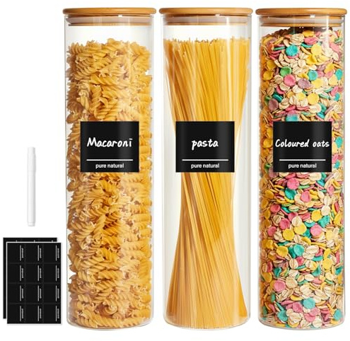 BJNN Glass Jars with Bamboo Lids,3pcs Glass Storage Containers with Airtight Lids Storage Jars Food Storage Containers for Pasta,Flour,Cereal,Sugar,Cookie