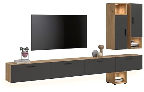 xonox.home – Wohnkombination inkl. Beleuchtung The One 300x178x34 cm in Artisan/Basalt – XXL Wand mit 2 Türen, 4 Klappen & LED – 15 Fächer bieten Stauraum & eine hochwertige LED-Akzentuierung