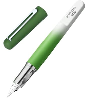 HERO 9338A Schulfüllhalter mit Magnetkappe, 0,38 mm extra feine Iridiumfeder, weiß-grüner Farbverlauf, Einsteigerfüller für Schule, Tagebuch, Kalligraphie und Geschenk