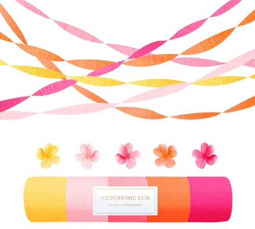 NICROHOME EUR Orange Pink Summer Party Crepe Paper Streamers, 5 Rolls Retro Hanging Garland Streamers for Sunset Party Birthday Wedding Baby Shower Fall Thanksgiving Backdrop Decor (1.8 x 82 Ft/Roll)