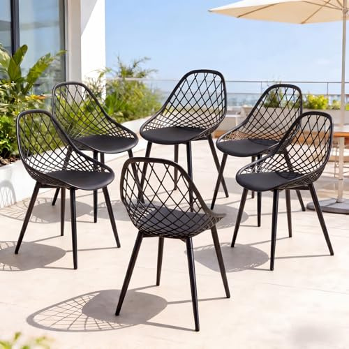 ZECIIYE Esszimmerstühle 6er Set Schwarz, Skandinavische Esszimmerstühle Design, Gartenstuhl Kunststoff mit Metall, Terrassenstühle Außen, Elegantes Balkonmöbel Set