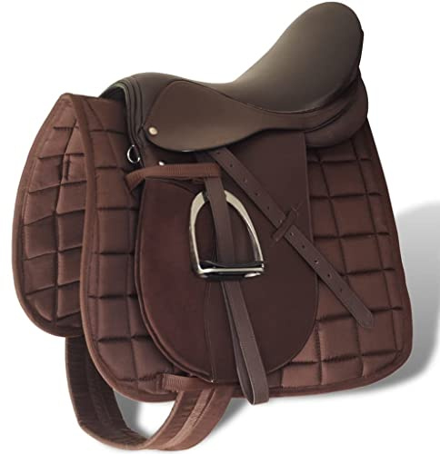 QUAHEAS Pferdereiten Set de selle en cuir véritable marron 18 cm 5 en 1 avec couverture de selle, étriers et sangle, selle d'équitation polyvalente pour dressage et saut