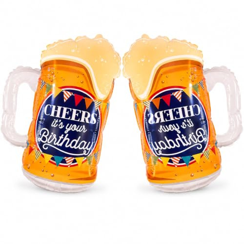Ovanda 2 Bierkrug Folienballons Oktoberfest, Geburtstag und Bierfest Deko | 2 Folienballons als Bierkrug, je ca. 71 x 53 cm, mit Cheers-Geburtstagsmotiv für Bierfest, Männergeburtstag und Fotowand