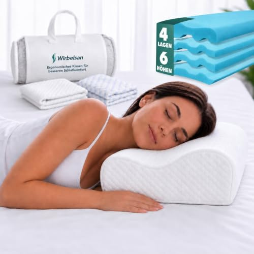 Wirbelsan® Orthopädisches Nackenstützkissen, höhenverstellbar mit 4 Lagen & 6 Höhen, inklusive 2 Premium Bezüge, Memory Foam, Seiten/Rücken/Bauchschläfer