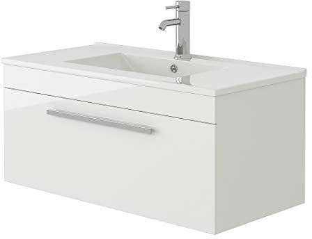 VeeBath Venus 800 Wall Hung Vanity Unit, Slim Wash Basin Bathroom Sink, Soft Close Door, Cloakroom Wall Mounted Storage Cabinet- White (Flat Pack)