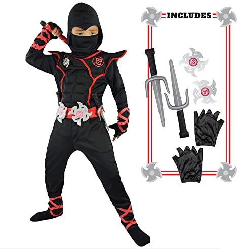 Spooktacular Creations Deluxe Ninja Costume for Kids, Boys and Girls - Halloween Fancy Dress Cosplay (Medium, Red)