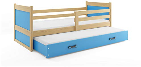 Interbeds Funktionsbett Doppelbett RICO 190x90cm, Farbe: Kiefer; mit Lattenroste und Matratzen (Kiefer + blau)