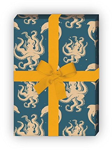 Tolles maritimes Delfin Geschenkpapier Set (4 Bogen), Dekorpapier, Papier zum Einpacken mit Tintenfischen, blau, universal Packpapier um schöner zu schenken 32 x 48cm