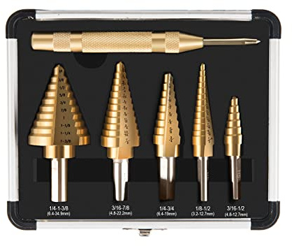 ZELCAN HSS 5-teiliges Titan-Stufenbohrer-Set mit automatischem Körner, 50 Größen in 5 Hochgeschwindigkeitsstahl-Bohrer-Bit-Set für Blech mit Aluminiumgehäuse, Mehrloch-Stufenbohrer für DIY-Liebhaber