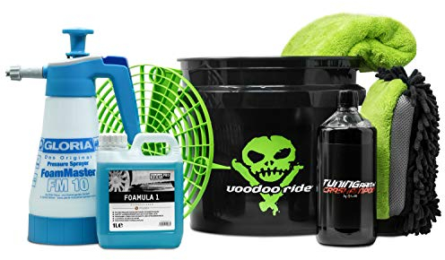 detailmate Auto Wasch Set: Voodoo Ride: Bucket 12L Made by GritGuard & Schmutzeinsatz 3in1 Waschhandschuh - Liquid Elements Autoshampoo - ValetPRO: Snow Foam, Trockentuch - Gloria Foam Maser FM10