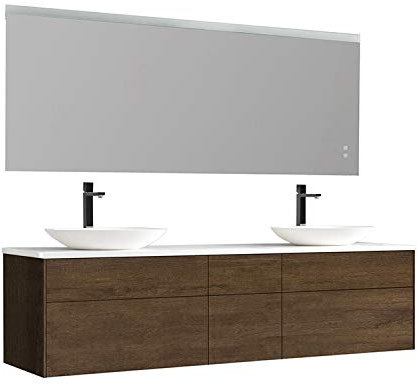 StoneArt Badmöbel-Set Mineralguss Waschtisch Waschbecken Waschschale Aufsatzwaschbecken Unterschrank und LED Spiegel dimmbar Anti-Beschlag-Funktion Venice VE-2000pro-3 Eiche dunkel 200cm