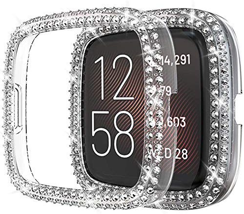 Miimall Kompatibel mit Fitbit Versa 2 Hülle, Strass Glitzer Harter PC Schutzhülle Stoßfest Kratzfest Bling Diamant Bumper Case für Fitbit Versa 2 - Klar