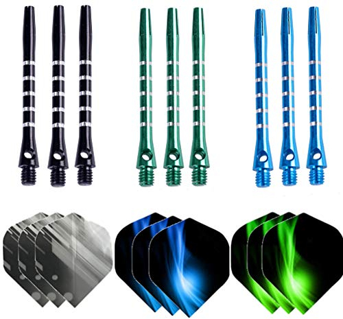 Haosell 9 pcs Dart Flights Dart Fly + 9 Darts Shafts Aluminium alu Dart Schäfte + 12stk Dart gummiringe Dart Zubehör +12 pcs Darts Shafts Federringe. Dartpfeil-Schäfte für Soft/Steel Dartpfeile