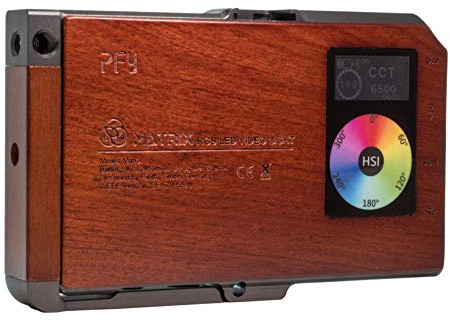 PFY Matrix RGB Videolicht mit App-Steuerung – LED-Kameralicht mit 360° Farbraum und FX Effekte, portable Videoleuchte zur Fotobeleuchtung für unterwegs, kompakt und leicht, elegantes Holzdesign