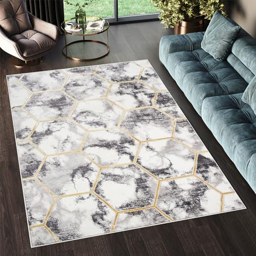 TAPISO Shine Teppich Kurzflor Dunkelgrau Goldene Linien Geometrisch Hexagon Wohnzimmer Schlafzimmer 3D Optik Modern Design ÖKOTEX 200 x 300 cm
