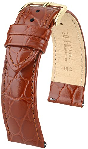 HIRSCH Uhren-Armband Crocograin M - Uhr-Band aus glänzendem Kalbs-Leder mit Krokodil-Prägung - Goldbraun - 20 mm