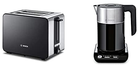 Bosch TAT7203 Kompakt-Toaster, Auftau/Aufknusperfunktion, 1050 W, Edelstahl/schwarz & belloser Wasserkocher, Abschaltautomatik, Überhitzungsschutz, Temperaturwahl, 1,5 L, 2400 W, schwarz