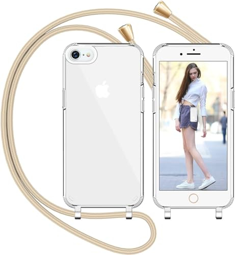 Nupcknn Handykette für iPhone 8/SE 2020/7 Hülle mit Band,Transparent Handyhülle (Abnehmbar Einstellbar) Necklace mit Kordel zum Umhängen Kameraschutz Handy Kette Stossfest Schutzhülle(Golden)